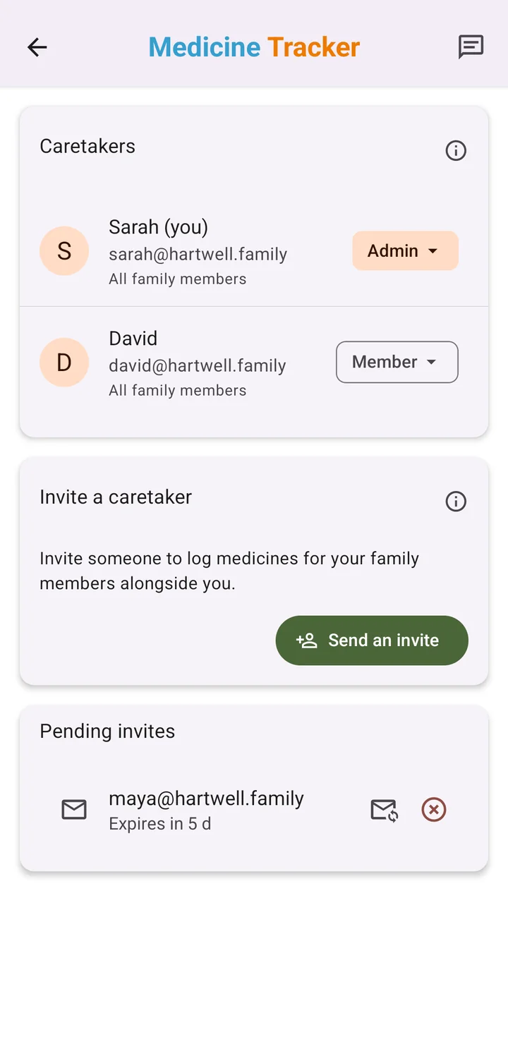 Caretakers screen showing an admin and a member with role controls, an invite button, and a pending invite
