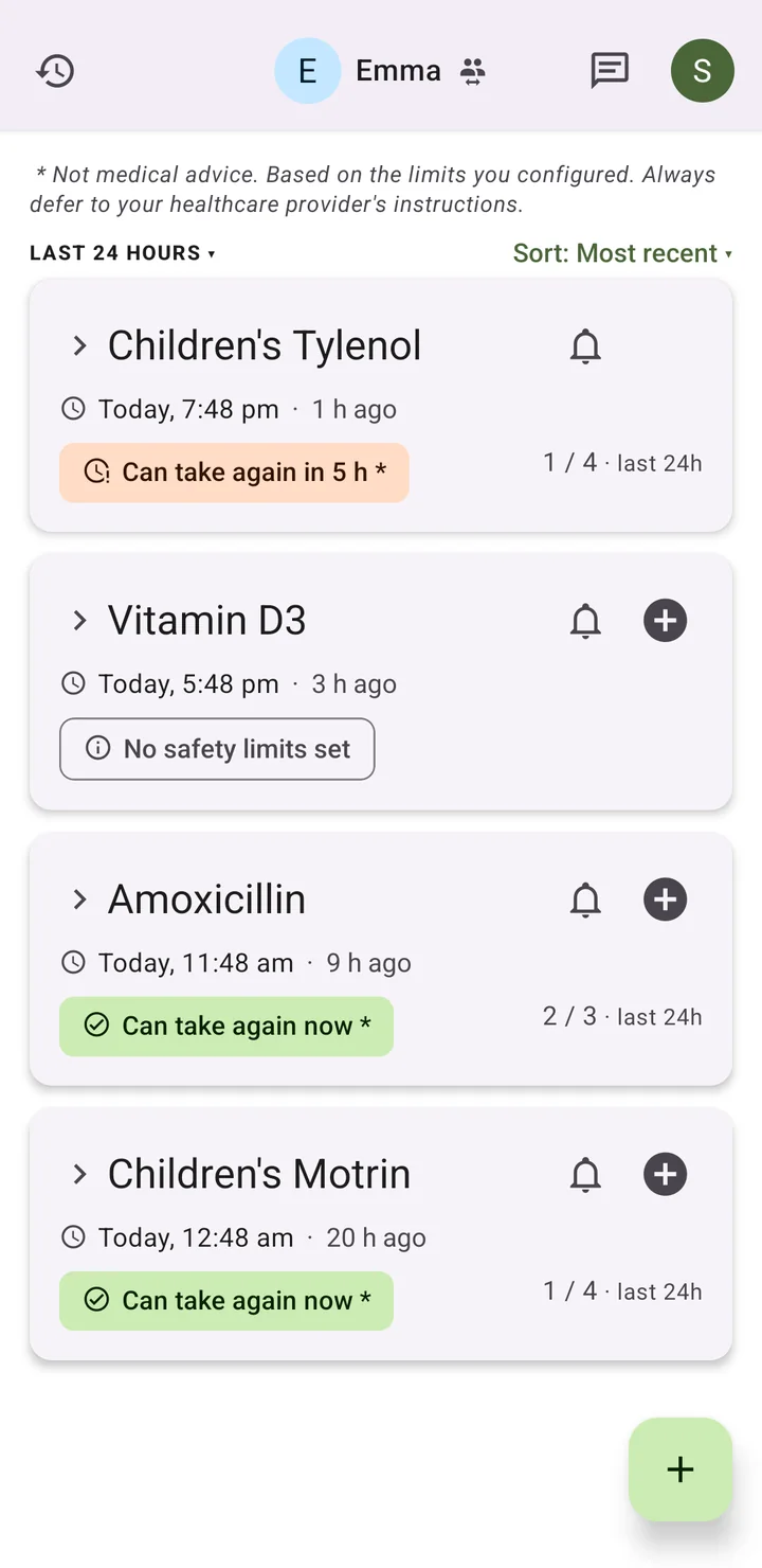 App dashboard listing four medicines with dose safety badges, including a wait timer and a safe to take now badge