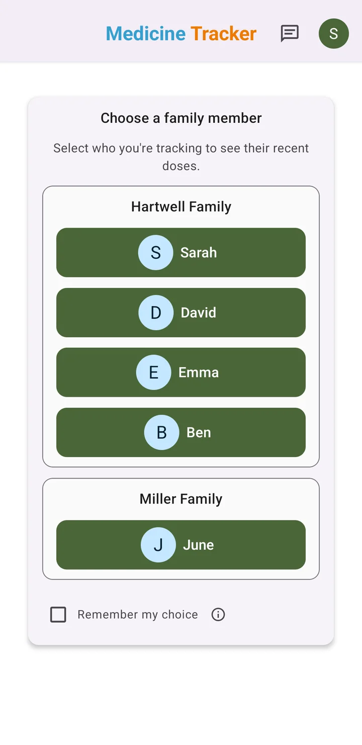 Family member picker showing two households, with one shared member visible in the second family